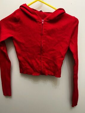 Red Ribbed Zip-Up Hooded Crop Top